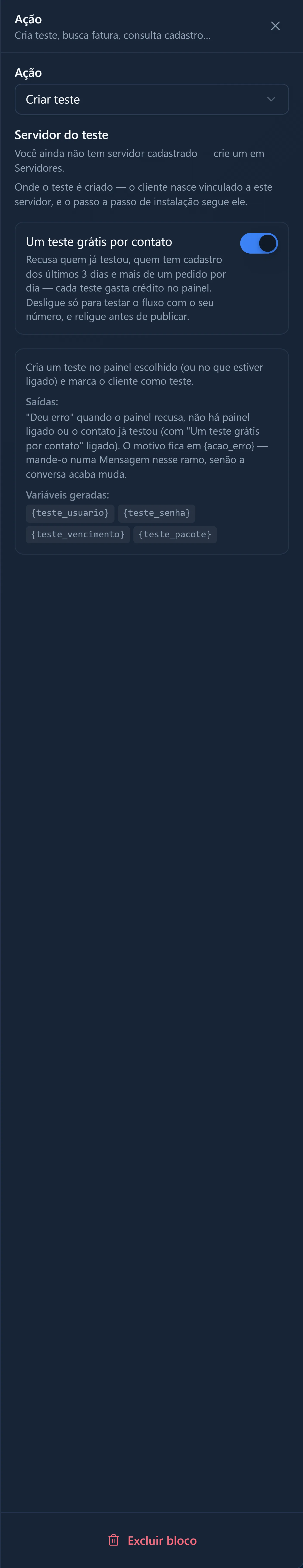 Painel de configuração do bloco Ação com o campo Ação, o seletor Servidor do teste, a chave Um teste grátis por contato e o quadro com Saídas e Variáveis geradas
