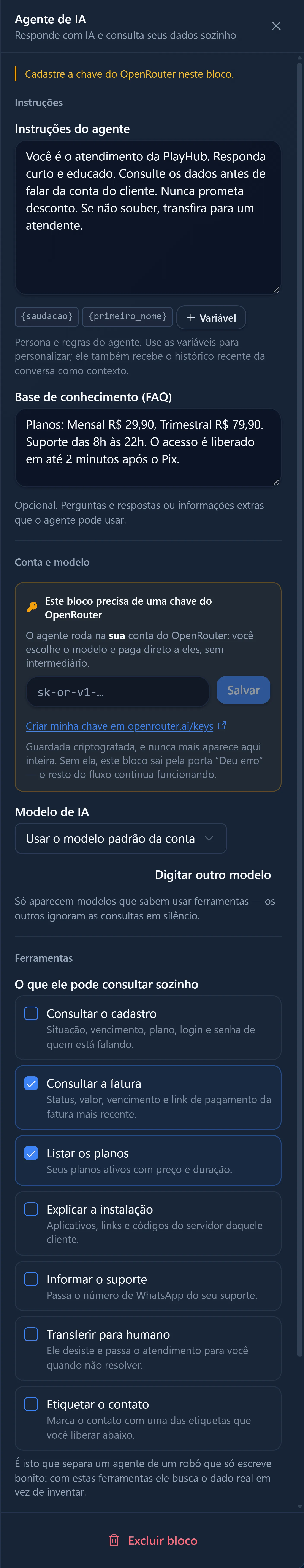 Painel de configuração do bloco Agente de IA, com as seções Instruções, Conta e modelo, Ferramentas e Ajustes finos