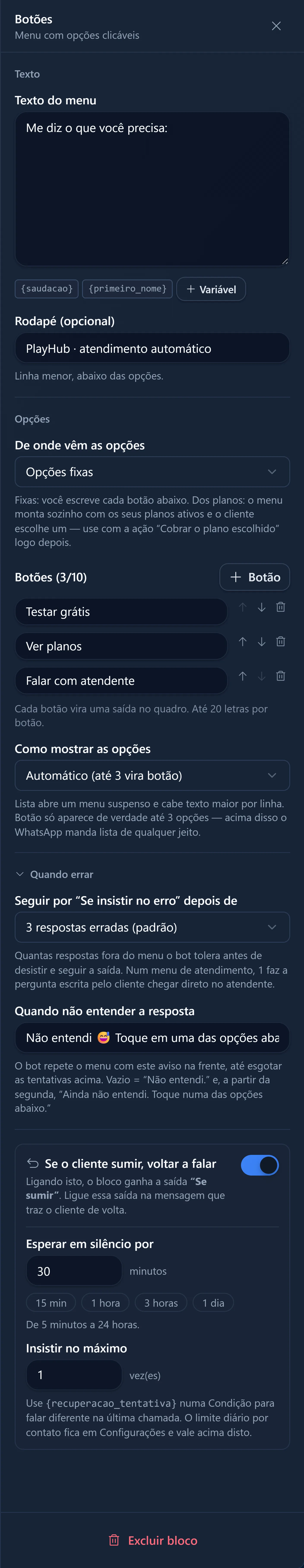 Painel de configuração do bloco Botões, com o texto do menu, as opções e o formato