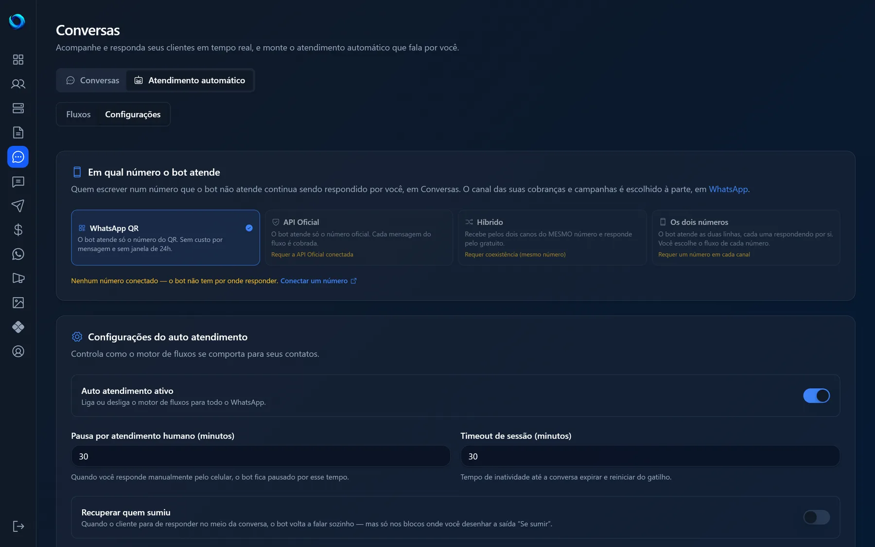 Cartão Configurações do auto atendimento, com a chave Auto atendimento ativo, os campos de pausa e timeout e o bloco Recuperar quem sumiu