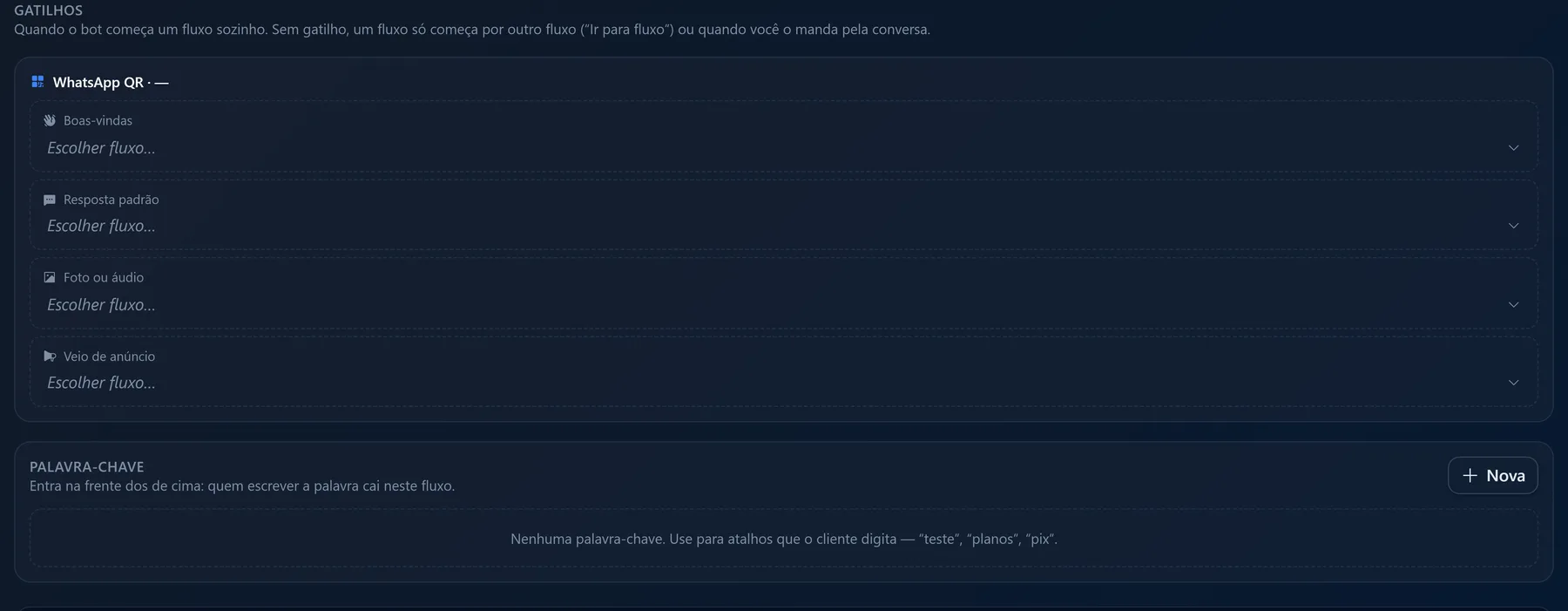 Painel Gatilhos com os quatro slots e a seção Palavra-chave embaixo
