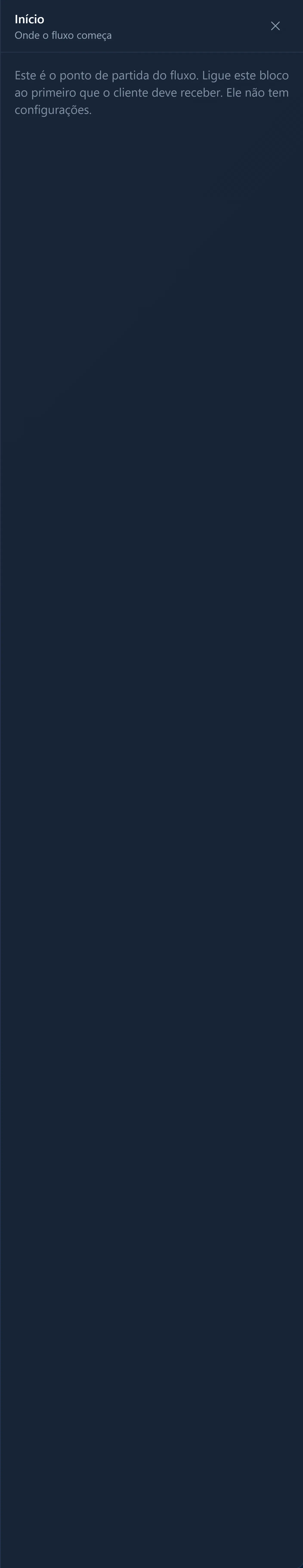 Painel de configuração do bloco Início, à direita do quadro, mostrando apenas o texto de que ele não tem configurações