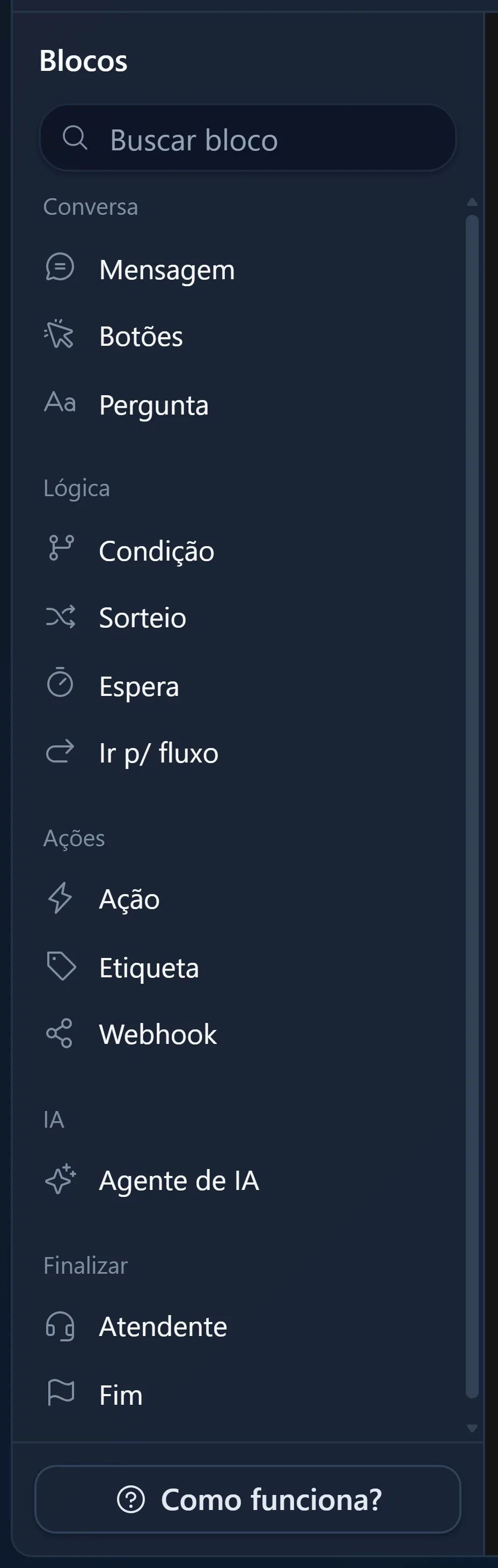 A paleta de blocos do editor, com a busca no topo e os grupos Conversa, Lógica, Ações, IA e Finalizar