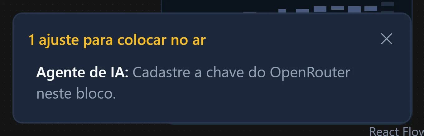 Pendências do fluxo no canto do quadro, apontando o bloco e a mensagem de cada uma