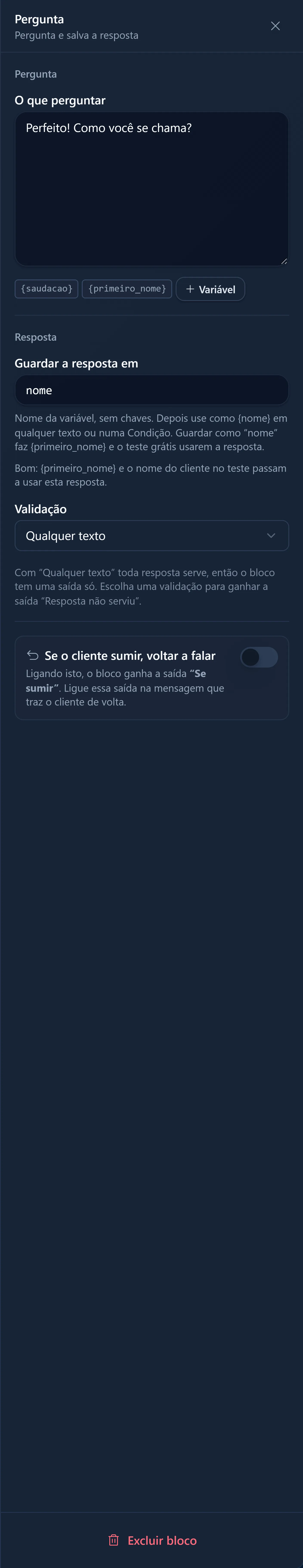 Painel do bloco Pergunta com o campo Guardar a resposta em preenchido com nome e a validação selecionada