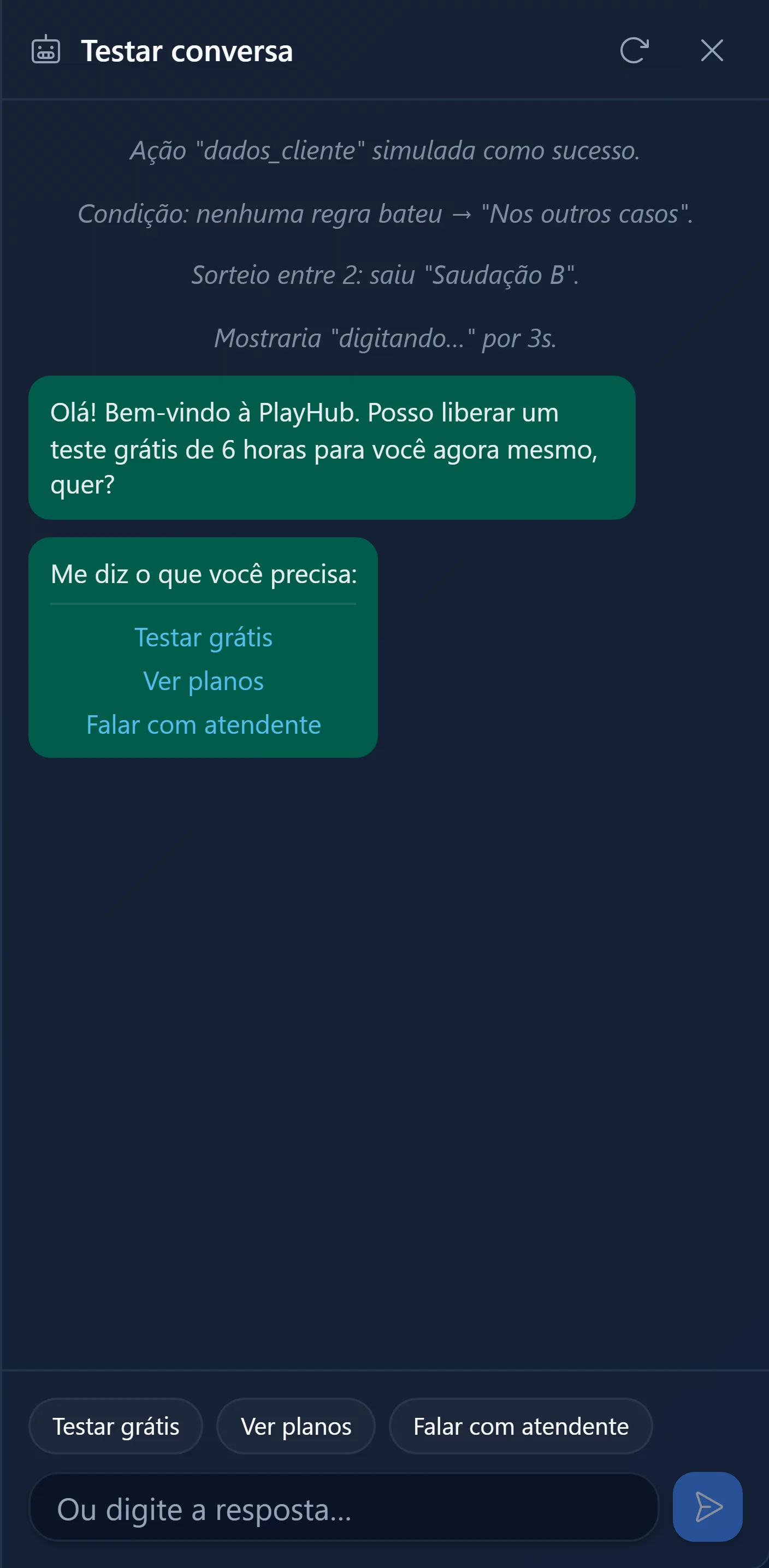 Simulador do chatbot mostrando a conversa de teste e a linha do sistema com o resultado do sorteio