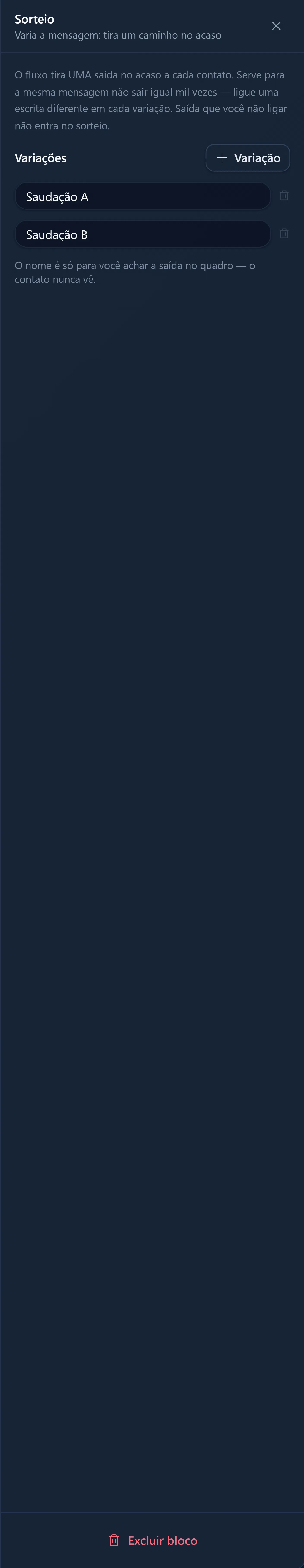 Painel de configuração do bloco Sorteio, com as variações e o botão para adicionar mais uma