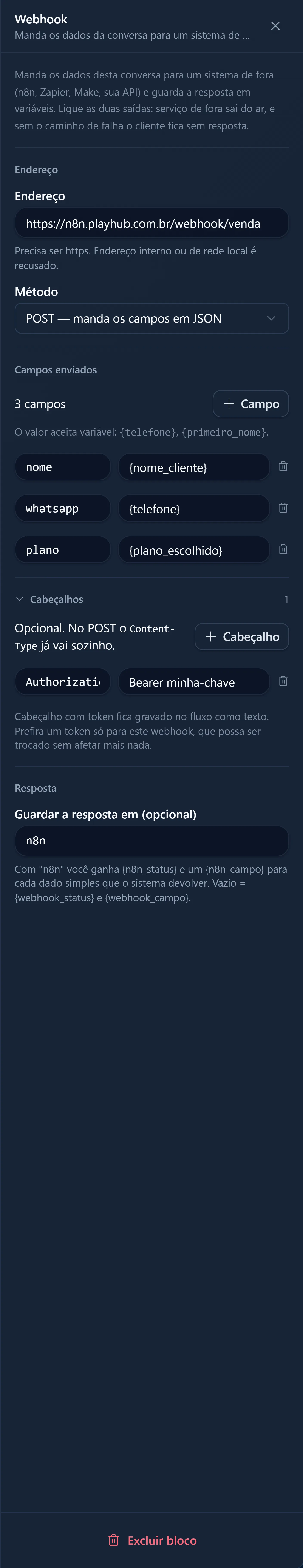 Painel de configuração do bloco Webhook, com o endereço, o método, os campos enviados, os cabeçalhos e o prefixo da resposta