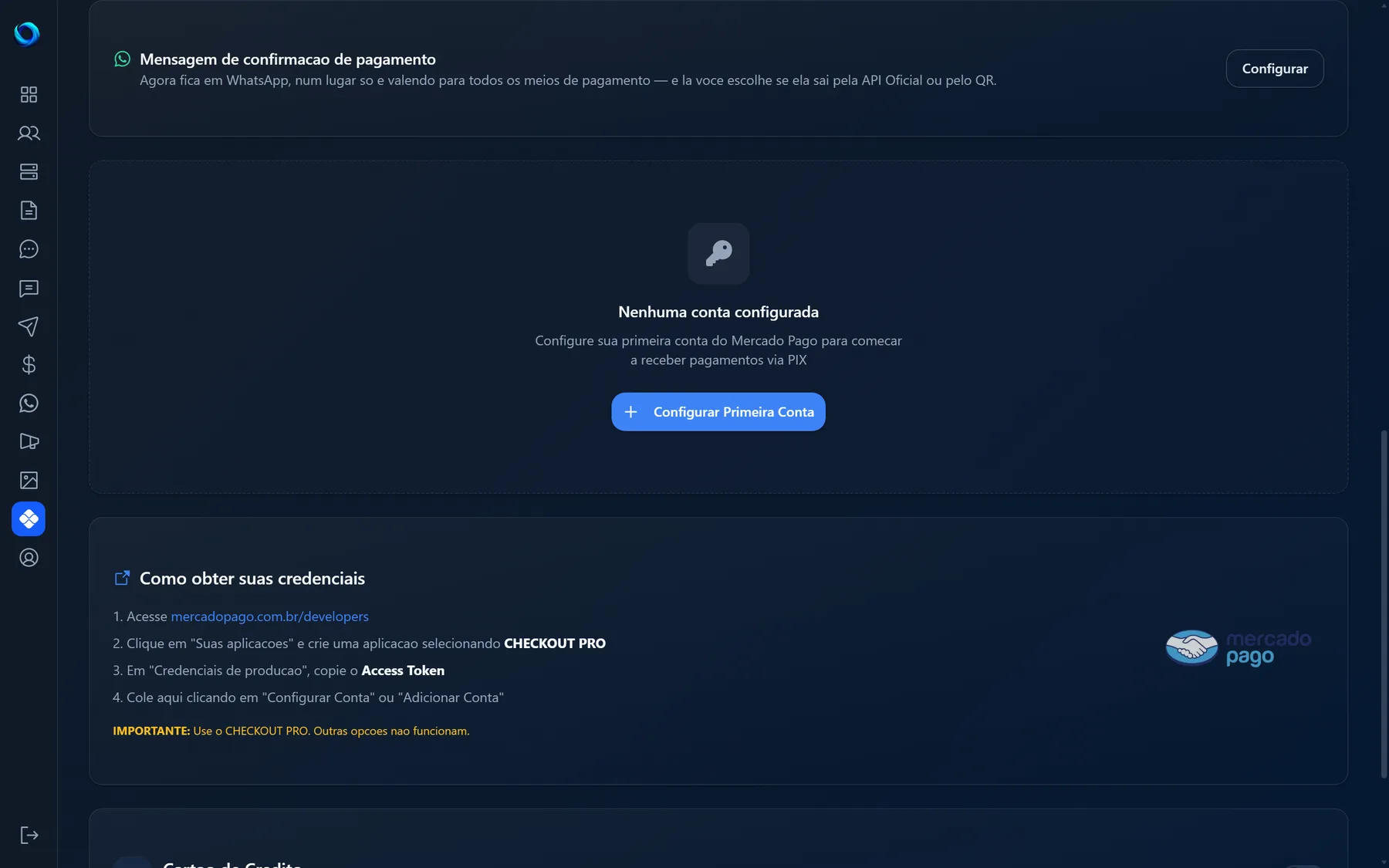 Cartão Mensagem de confirmacao de pagamento na página API Pix, apontando para a configuração na página WhatsApp