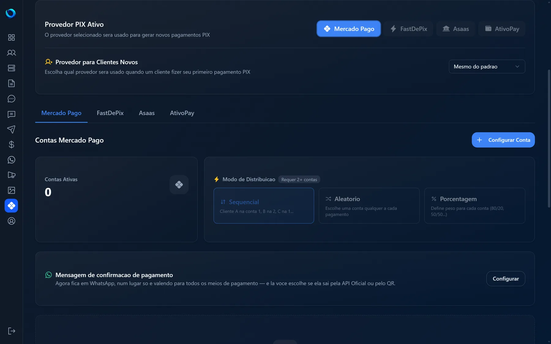 Bloco Provedor PIX Ativo com Mercado Pago selecionado e o seletor Provedor para Clientes Novos em Mesmo do padrao