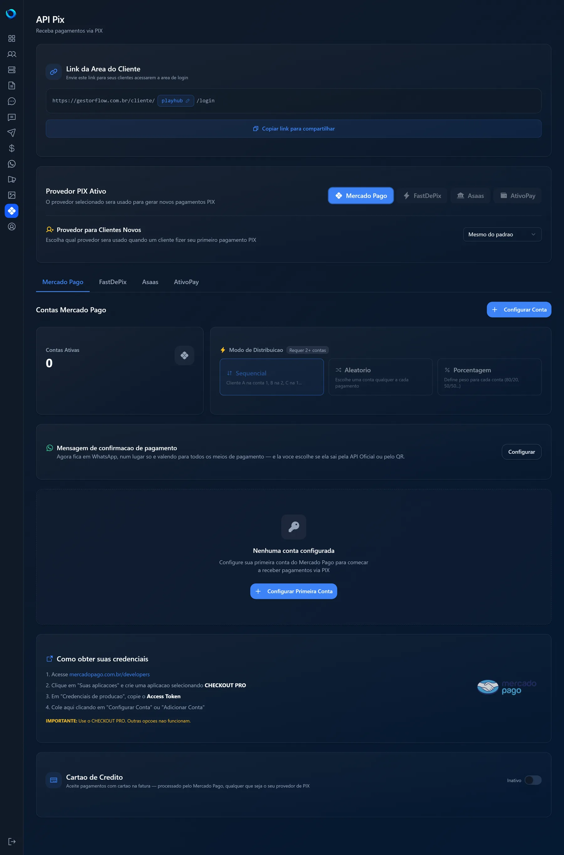 Página API Pix com o Link da Area do Cliente, o bloco Provedor PIX Ativo e a aba Mercado Pago sem conta configurada