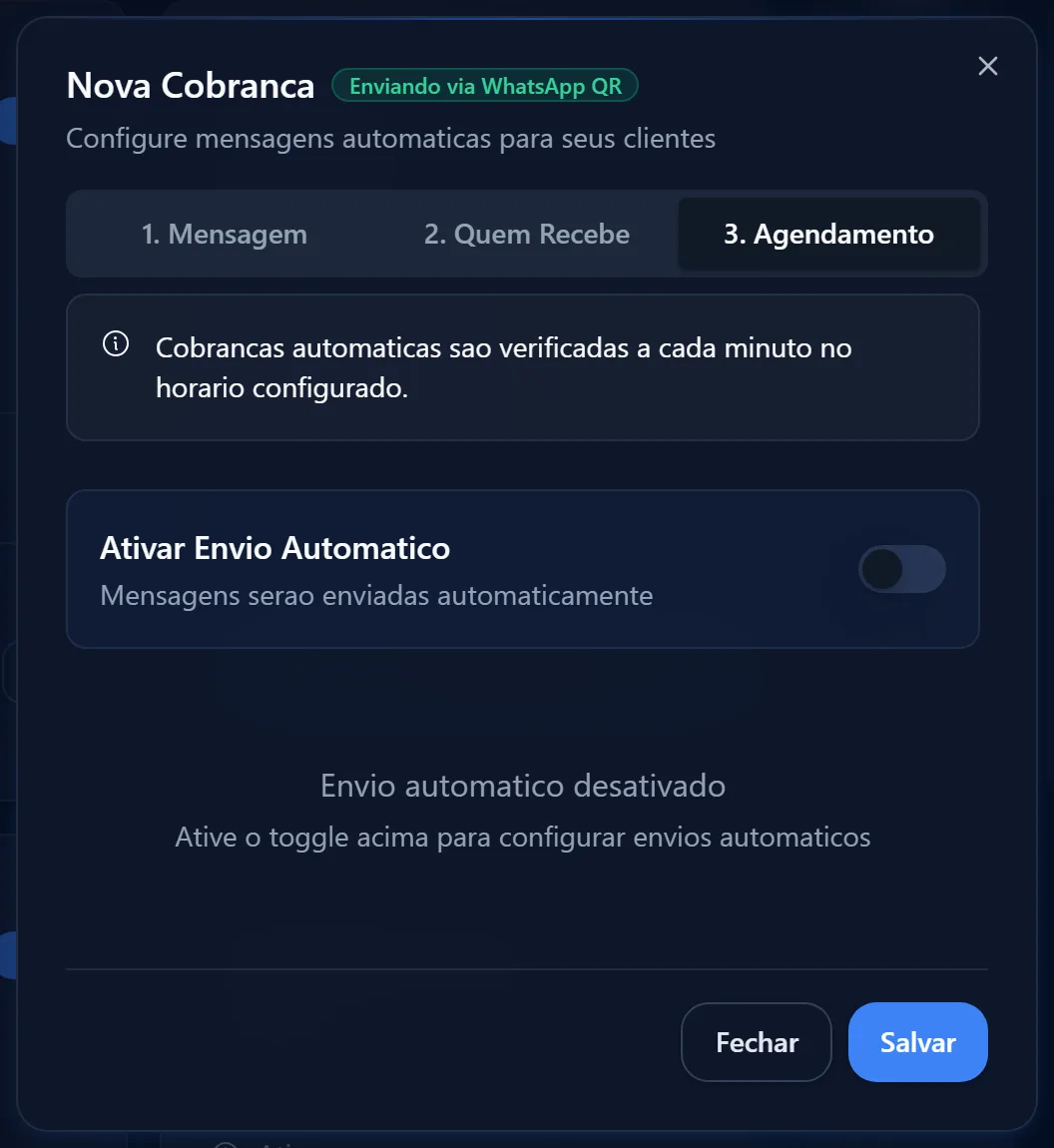 Nova Cobrança, etapa 3. Agendamento, com Ativar Envio Automatico, Horario de Envio, Dias da Semana e Proxima Execucao