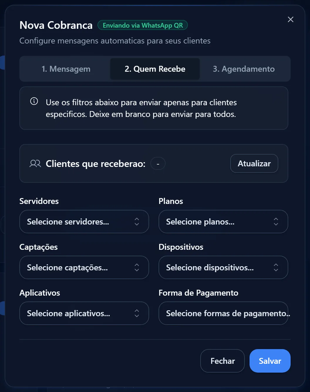 Nova Cobrança, etapa 2. Quem Recebe: filtros de servidores, planos, captações, dispositivos, aplicativos e forma de pagamento, com o contador de clientes