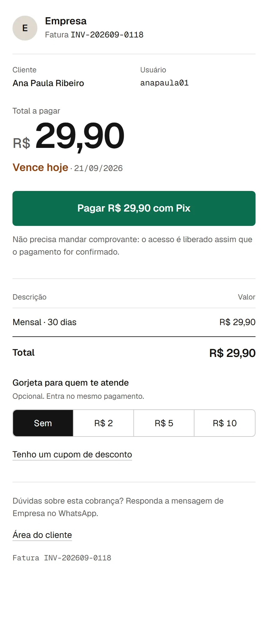 Fatura da PlayHub aberta no celular, com o valor, a situação Vence hoje e o botão Pagar com Pix