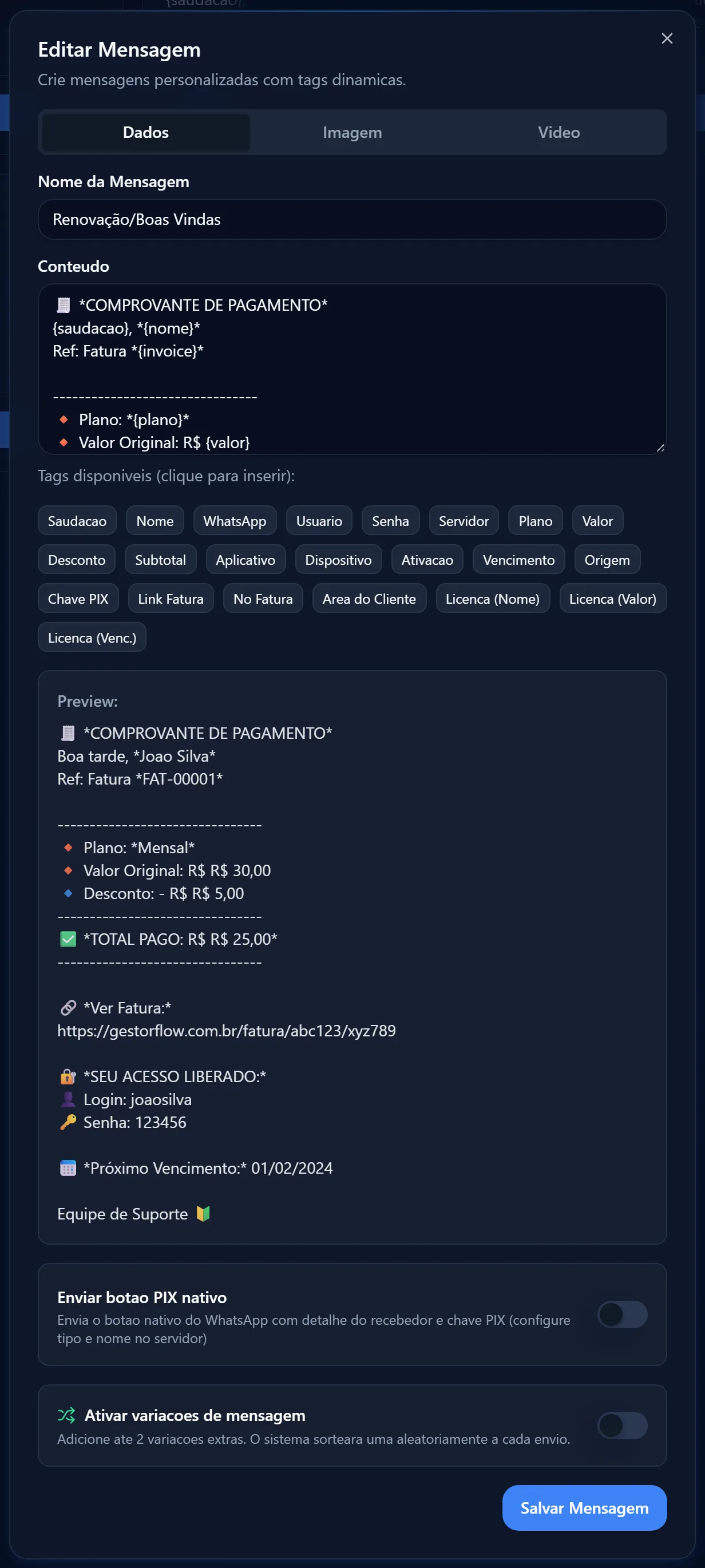 Edição de uma mensagem com as tags disponíveis, entre elas Valor, Desconto e Subtotal, e o preview ao lado