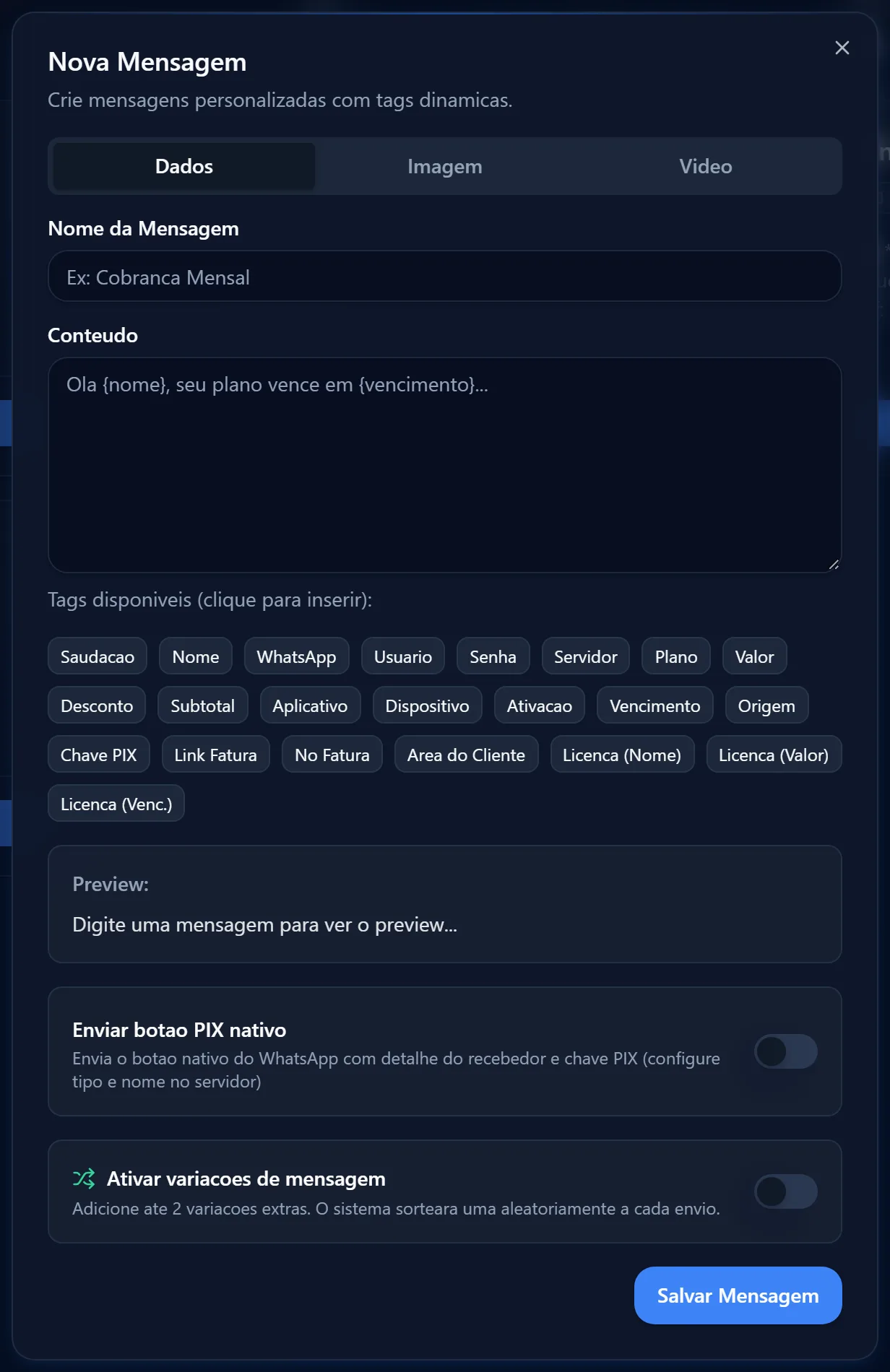 Diálogo Nova Mensagem com os campos Nome da Mensagem e Conteudo e os botões das tags