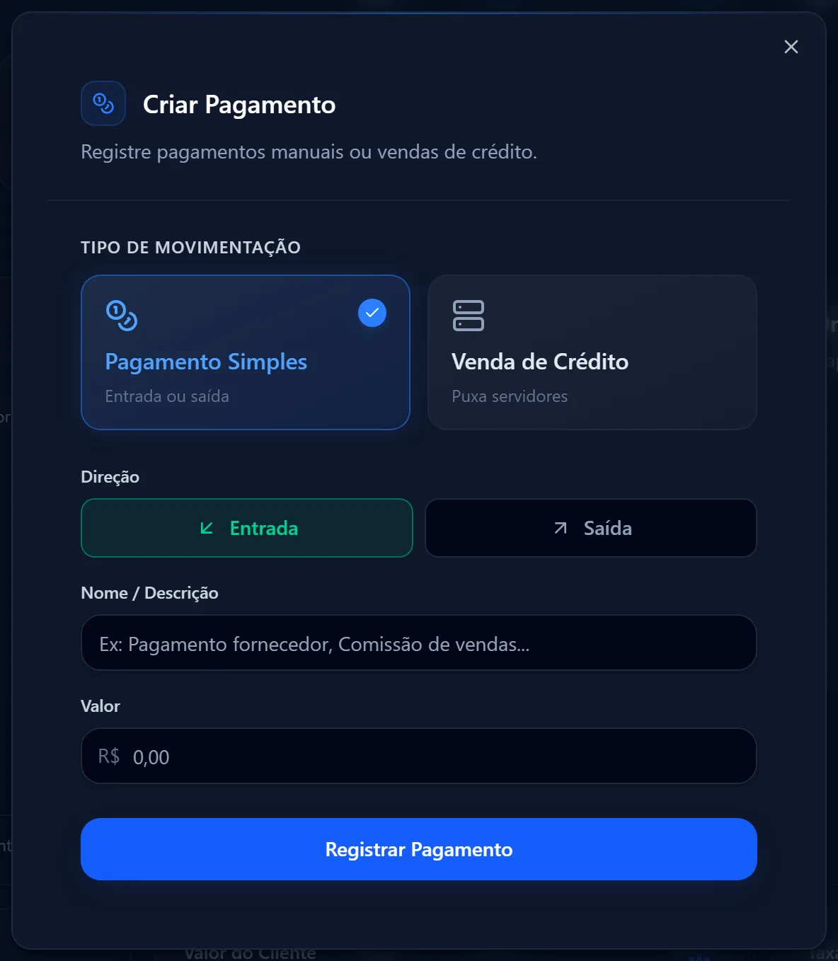 Janela Criar Pagamento com os tipos Pagamento Simples e Venda de Crédito, a direção Entrada ou Saída, o nome e o valor