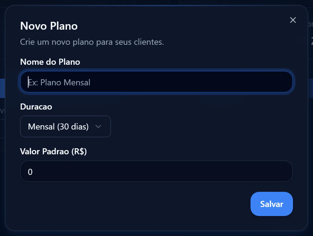 Diálogo Novo Plano com os campos Nome do Plano, Duracao e Valor Padrao (R$), preenchido com o plano Mensal da PlayHub