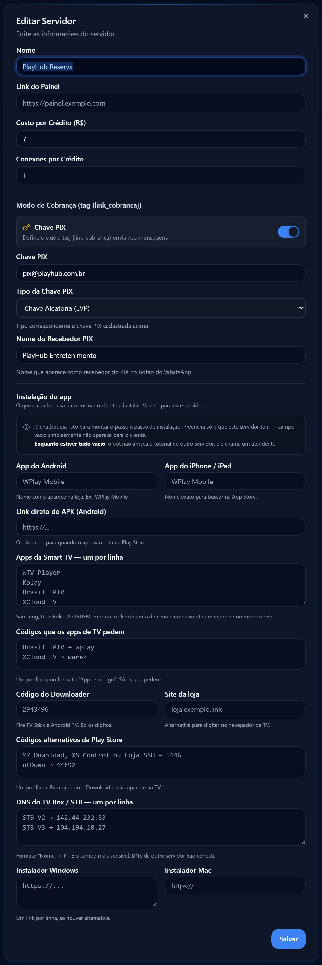 Servidor PlayHub Reserva configurado no modo Chave PIX, com tipo da chave e nome do recebedor
