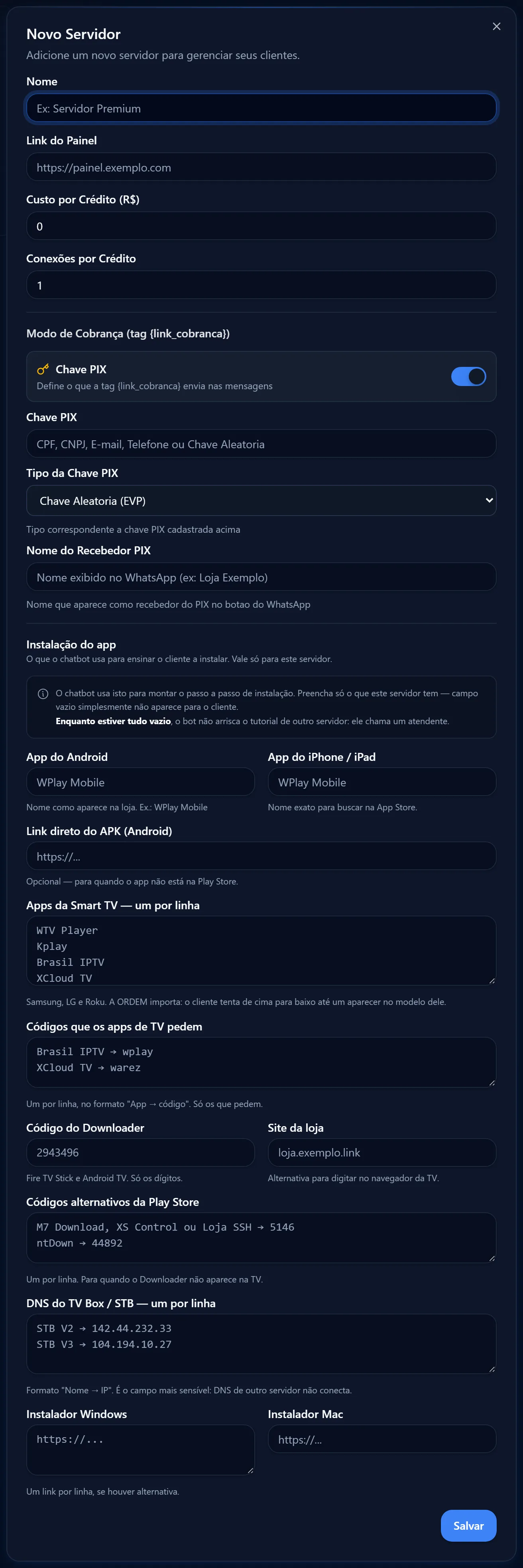 Diálogo Novo Servidor com os campos Nome, Link do Painel, Custo por Crédito, Conexões por Crédito e o interruptor do modo de cobrança