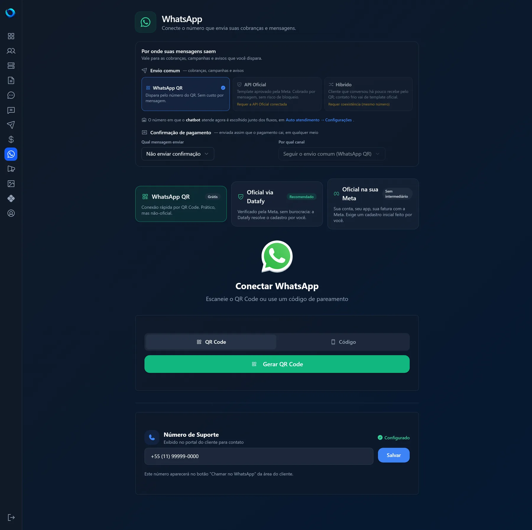 Página WhatsApp com o cartão Por onde suas mensagens saem, as abas WhatsApp QR, Oficial via Datafy e Oficial na sua Meta e o botão Gerar QR Code